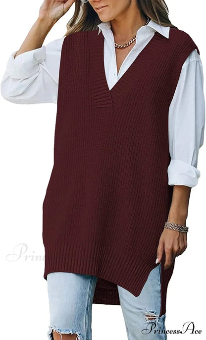 Women’s Oversized V Neck Knit Sweater Vest Tunic Sleeveless Pullover Top 1-red / Large