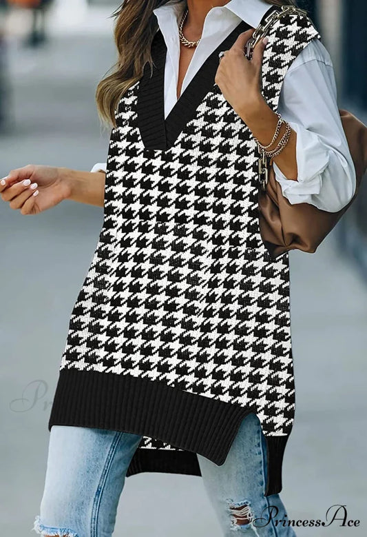 Women’s Oversized V Neck Knit Sweater Vest Tunic Sleeveless Pullover Top