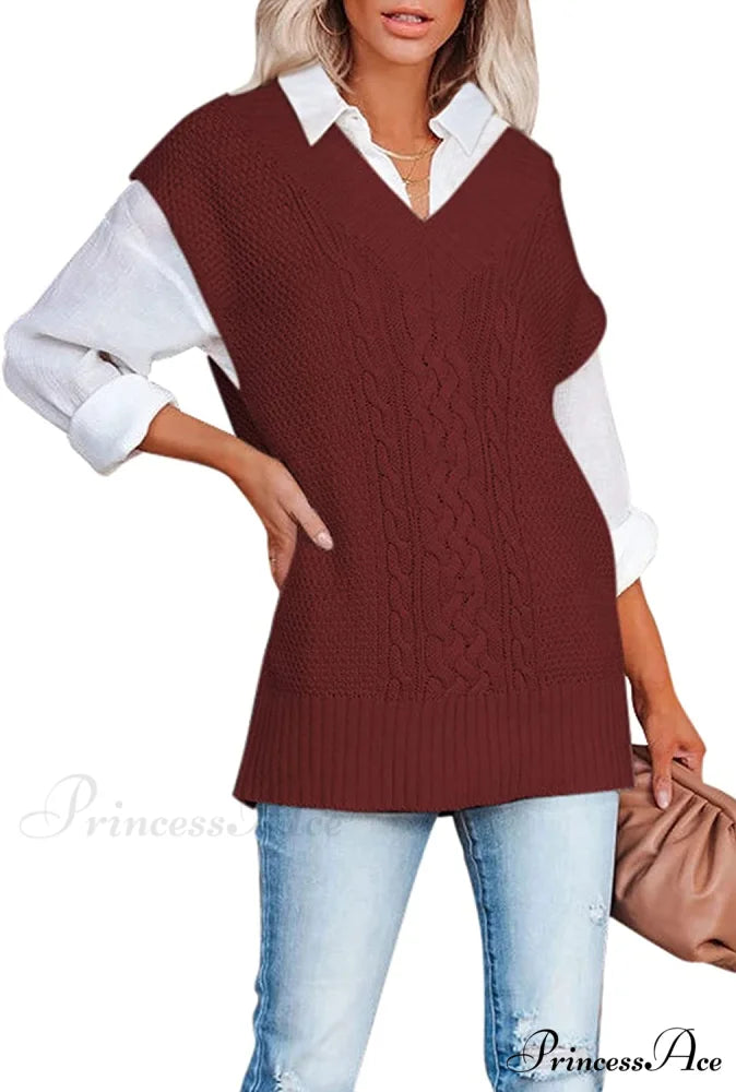 Women’s Oversized V Neck Knit Sweater Vest Tunic Sleeveless Pullover Top 2-red / Large