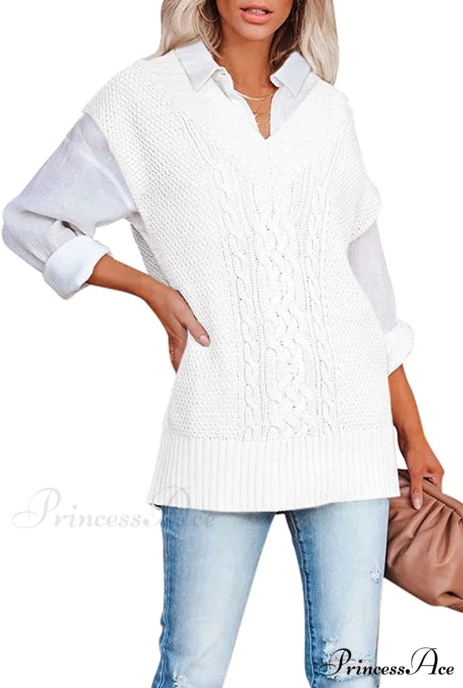 Women’s Oversized V Neck Knit Sweater Vest Tunic Sleeveless Pullover Top 2-white / Large