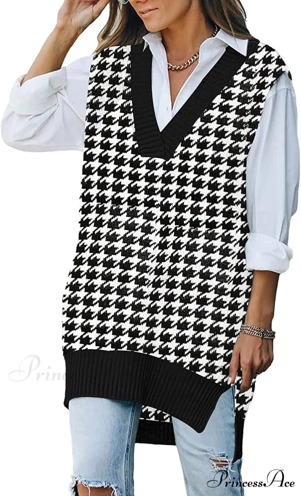 Women’s Oversized V Neck Knit Sweater Vest Tunic Sleeveless Pullover Top
