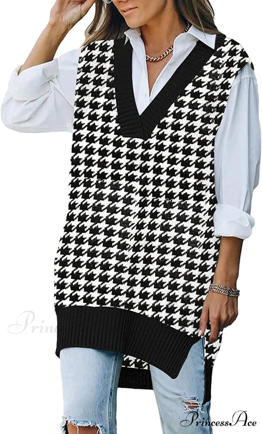 Women’s Oversized V Neck Knit Sweater Vest Tunic Sleeveless Pullover Top