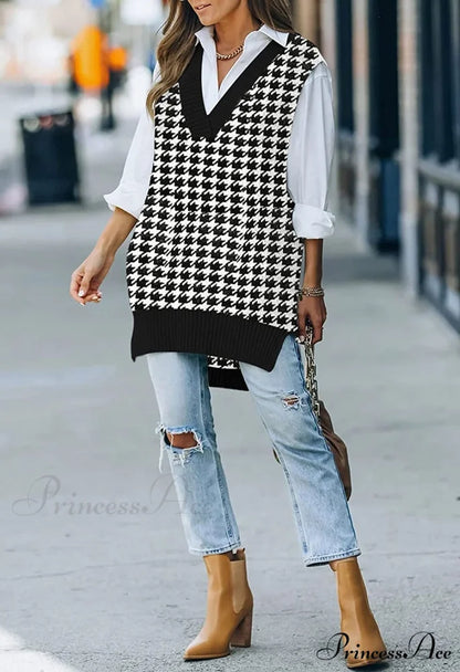 Women’s Oversized V Neck Knit Sweater Vest Tunic Sleeveless Pullover Top