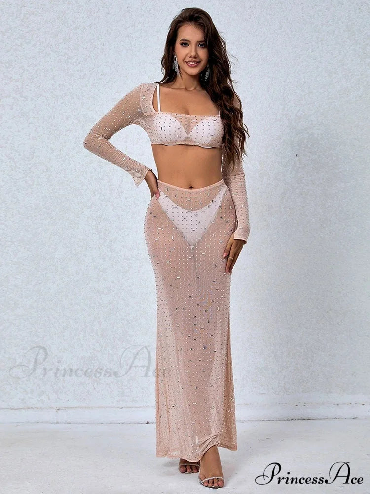 Women’s Perspective Mesh Crystal Two Piece Set Square Neck Christmas Party Dress