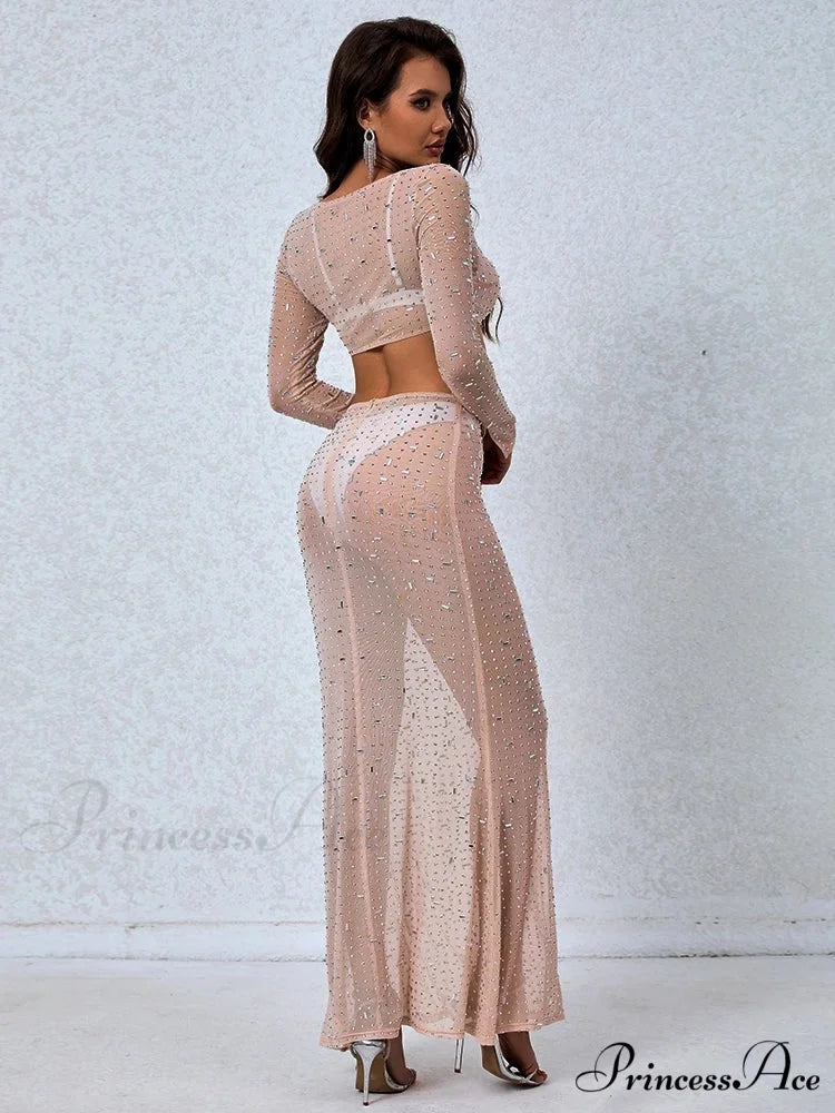 Women’s Perspective Mesh Crystal Two Piece Set Square Neck Christmas Party Dress