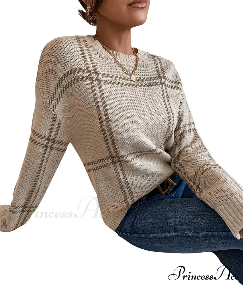 Women’s Plaid Long Sleeve Crewneck Pullover Top Sweater
