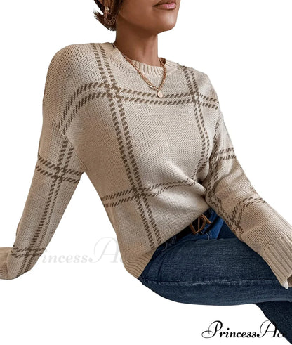 Women’s Plaid Long Sleeve Crewneck Pullover Top Sweater