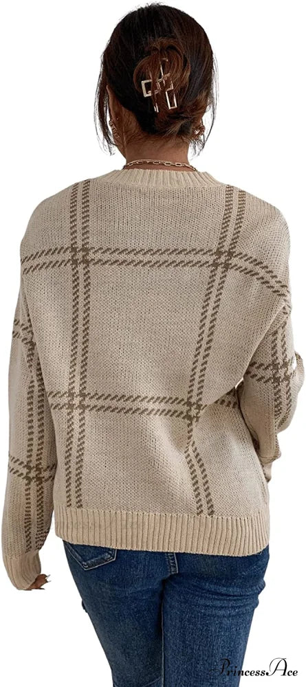 Women’s Plaid Long Sleeve Crewneck Pullover Top Sweater
