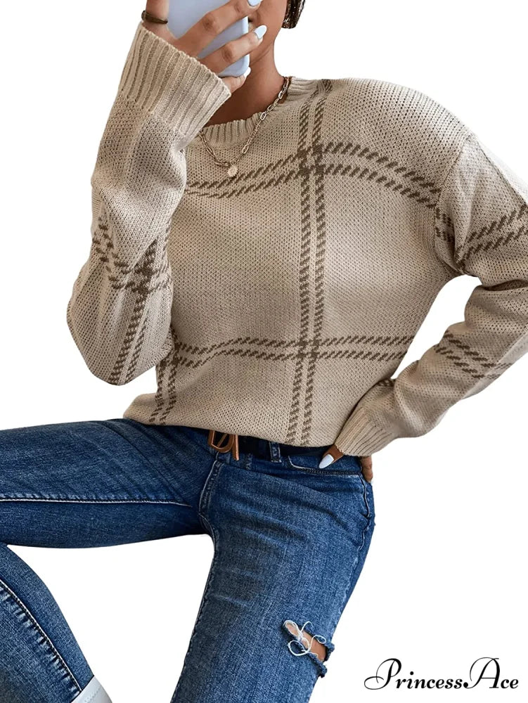 Women’s Plaid Long Sleeve Crewneck Pullover Top Sweater