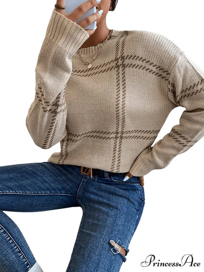 Women’s Plaid Long Sleeve Crewneck Pullover Top Sweater