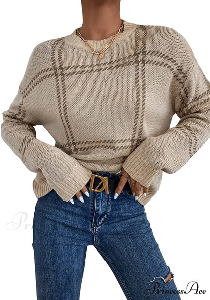 Women’s Plaid Long Sleeve Crewneck Pullover Top Sweater