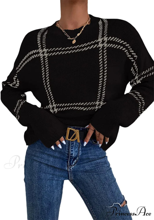 Women’s Plaid Long Sleeve Crewneck Pullover Top Sweater Black / Medium