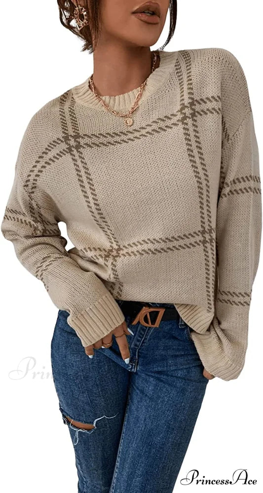 Women’s Plaid Long Sleeve Crewneck Pullover Top Sweater Khaki / Medium