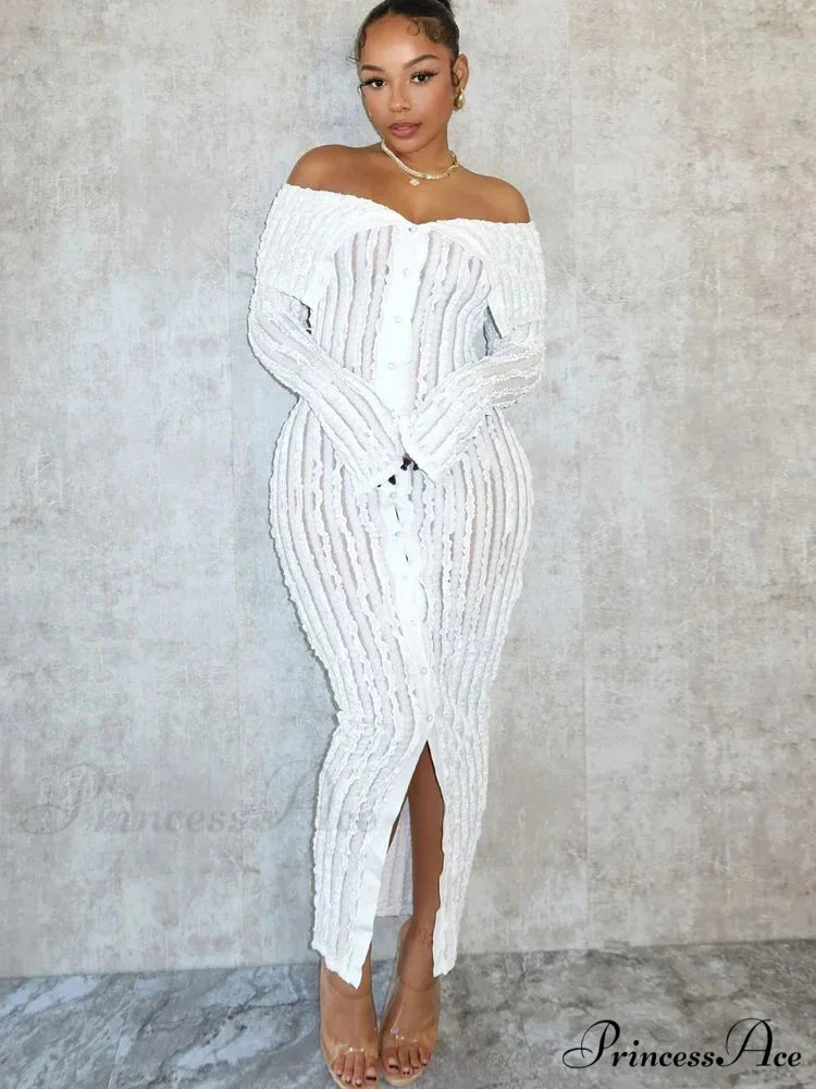 Women’s Pleated Off Shoulder See-Through Fitted Ruched Party Night Sexy Midi Dress WHITE / S