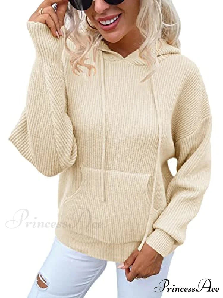 Women’s Rib-Knit Hooded Sweaters Cozy Drawstring Pullover