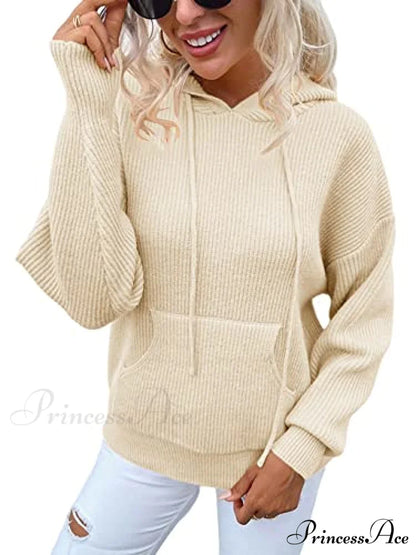 Women’s Rib-Knit Hooded Sweaters Cozy Drawstring Pullover