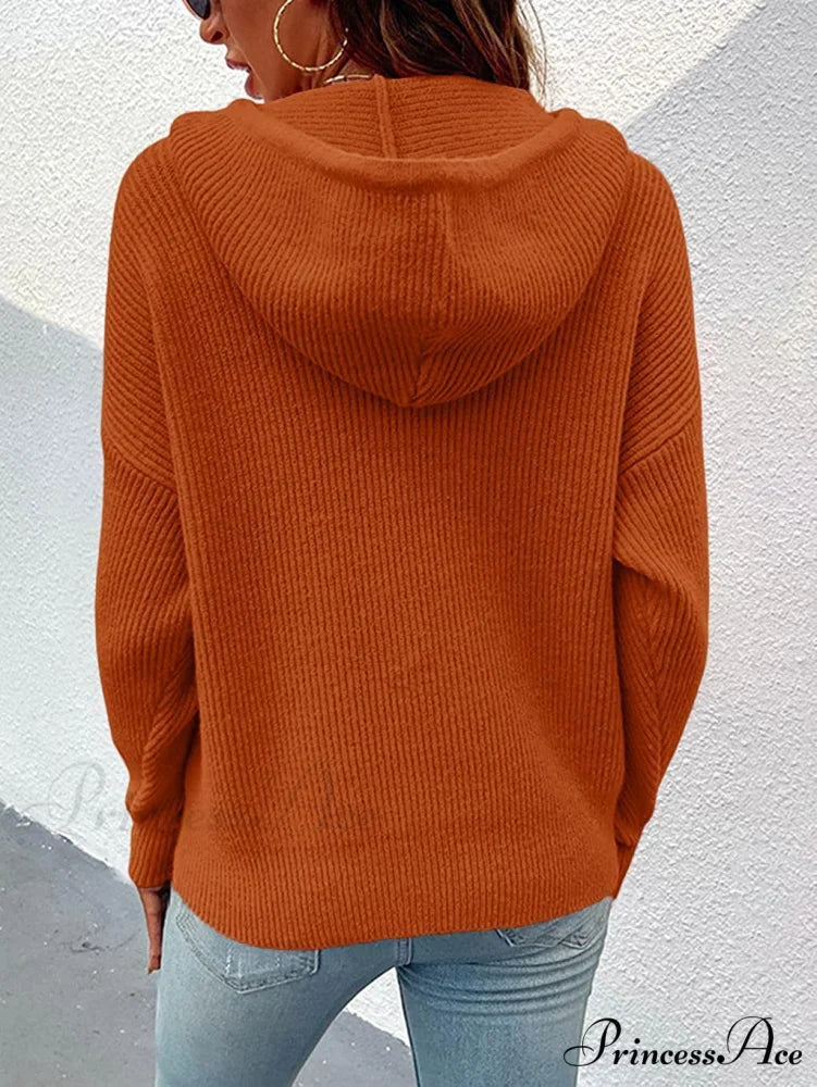 Women’s Rib-Knit Hooded Sweaters Cozy Drawstring Pullover