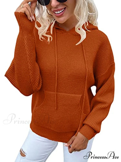 Women’s Rib-Knit Hooded Sweaters Cozy Drawstring Pullover