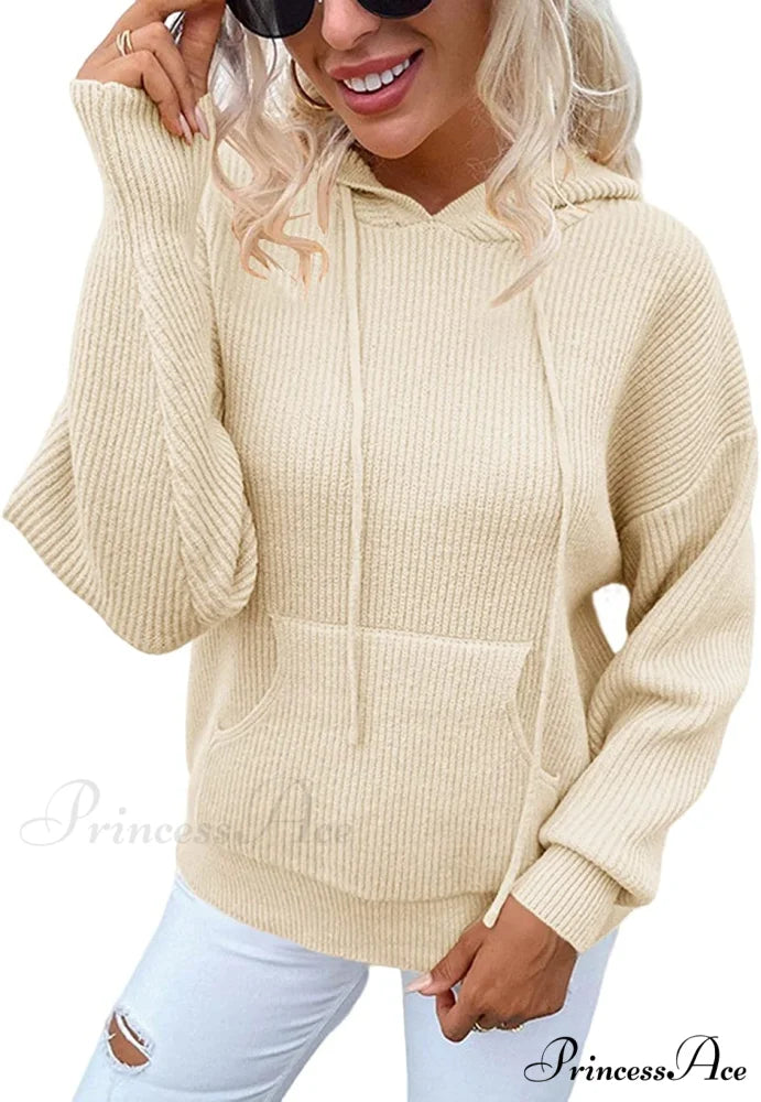 Women’s Rib-Knit Hooded Sweaters Cozy Drawstring Pullover Beige / XX-Large