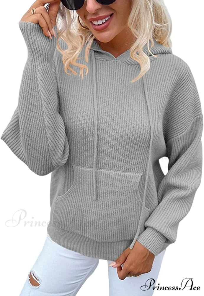 Women’s Rib-Knit Hooded Sweaters Cozy Drawstring Pullover Gray / XX-Large