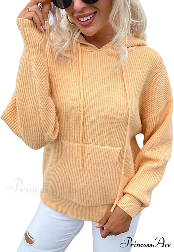 Women’s Rib-Knit Hooded Sweaters Cozy Drawstring Pullover Orange / XX-Large