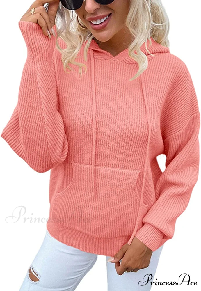 Women’s Rib-Knit Hooded Sweaters Cozy Drawstring Pullover Pink / XX-Large