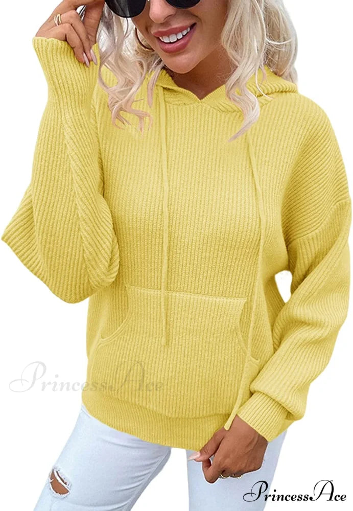 Women’s Rib-Knit Hooded Sweaters Cozy Drawstring Pullover Yellow / XX-Large