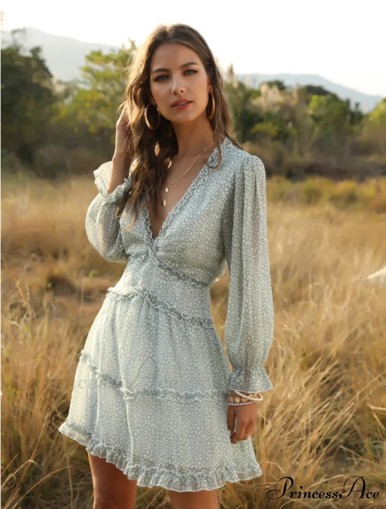 Women’s Ruffles Chiffon Boho V-neck Mini Beach Dress with Long Lantern Sleeves L / WHITE