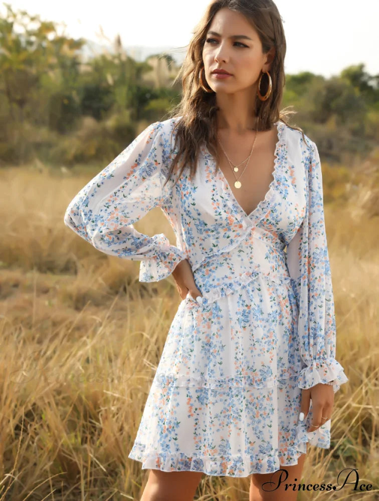 Women’s Ruffles Chiffon Boho V-neck Mini Beach Dress with Long Lantern Sleeves S / BLUE