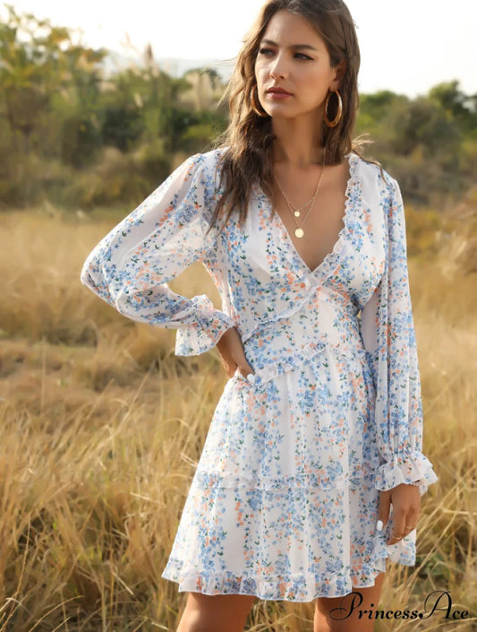 Women’s Ruffles Chiffon Boho V-neck Mini Beach Dress with Long Lantern Sleeves S / BLUE