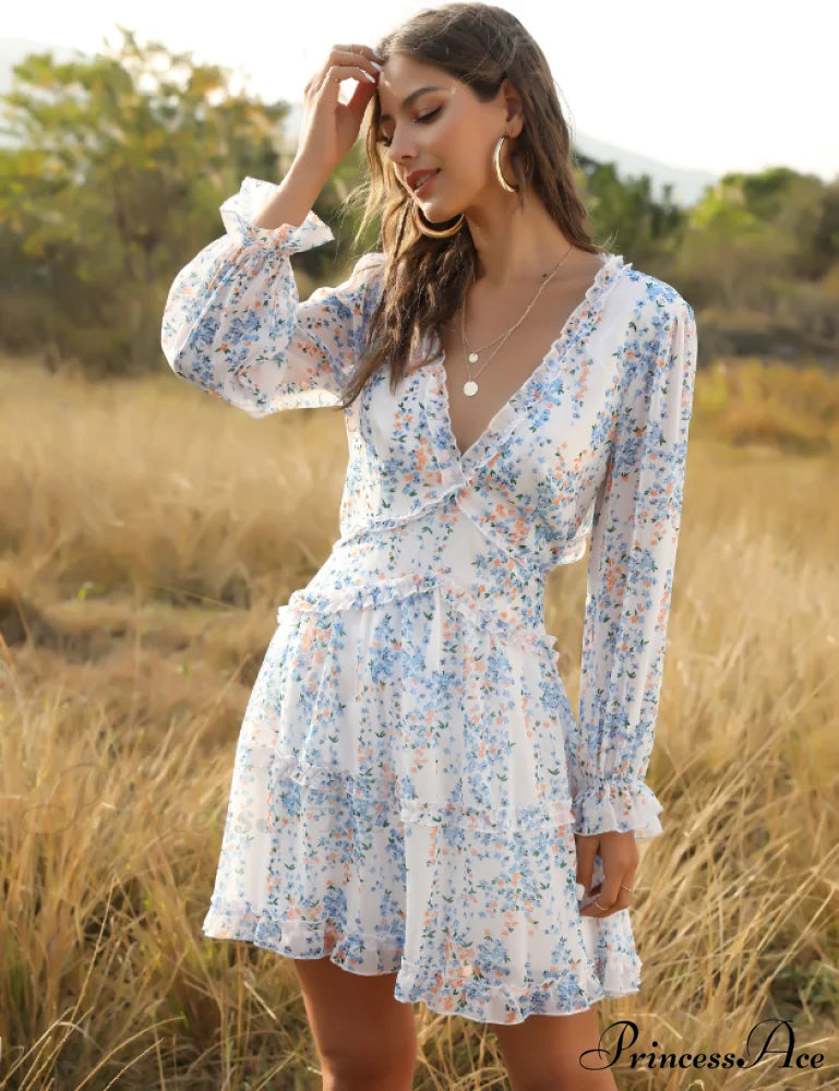 Women’s Ruffles Chiffon Boho V-neck Mini Beach Dress with Long Lantern Sleeves S / GREEN