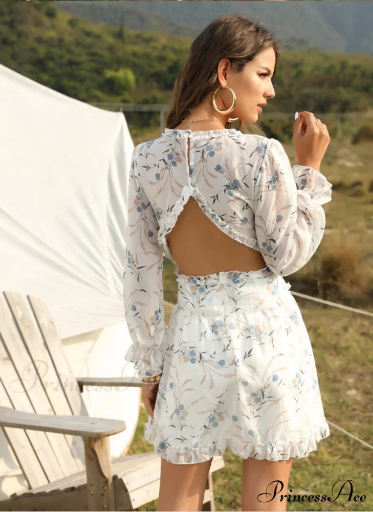 Women’s Ruffles Chiffon Dress - Boho V-Neck Mini Beach Dress with Long Lantern Sleeves M / WHITE