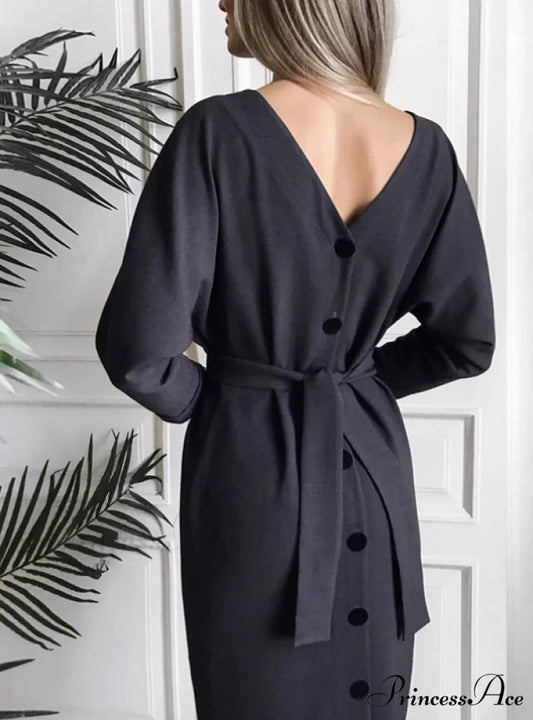 WOMEN’S SASH BUTTON CASUAL OFFICE DRESS S / ORANGE