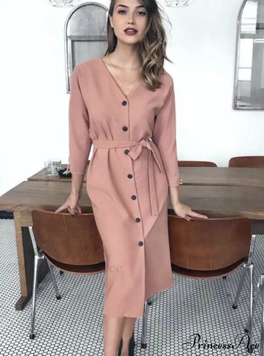 WOMEN’S SASH BUTTON CASUAL OFFICE DRESS S / PINK