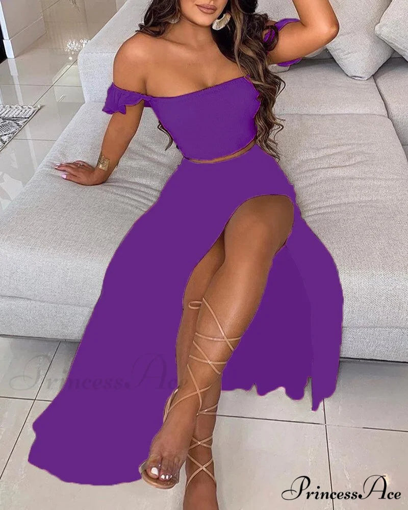 Women’s Slash and - Long Warm-Season Top Slit Piece Spring with Shoulder Neck Set Two Off Flowered Party Gown Design
