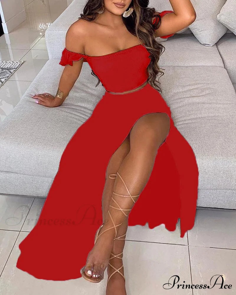 Women’s Slash and - Long Warm-Season Top Slit Piece Spring with Shoulder Neck Set Two Off Flowered Party Gown Design