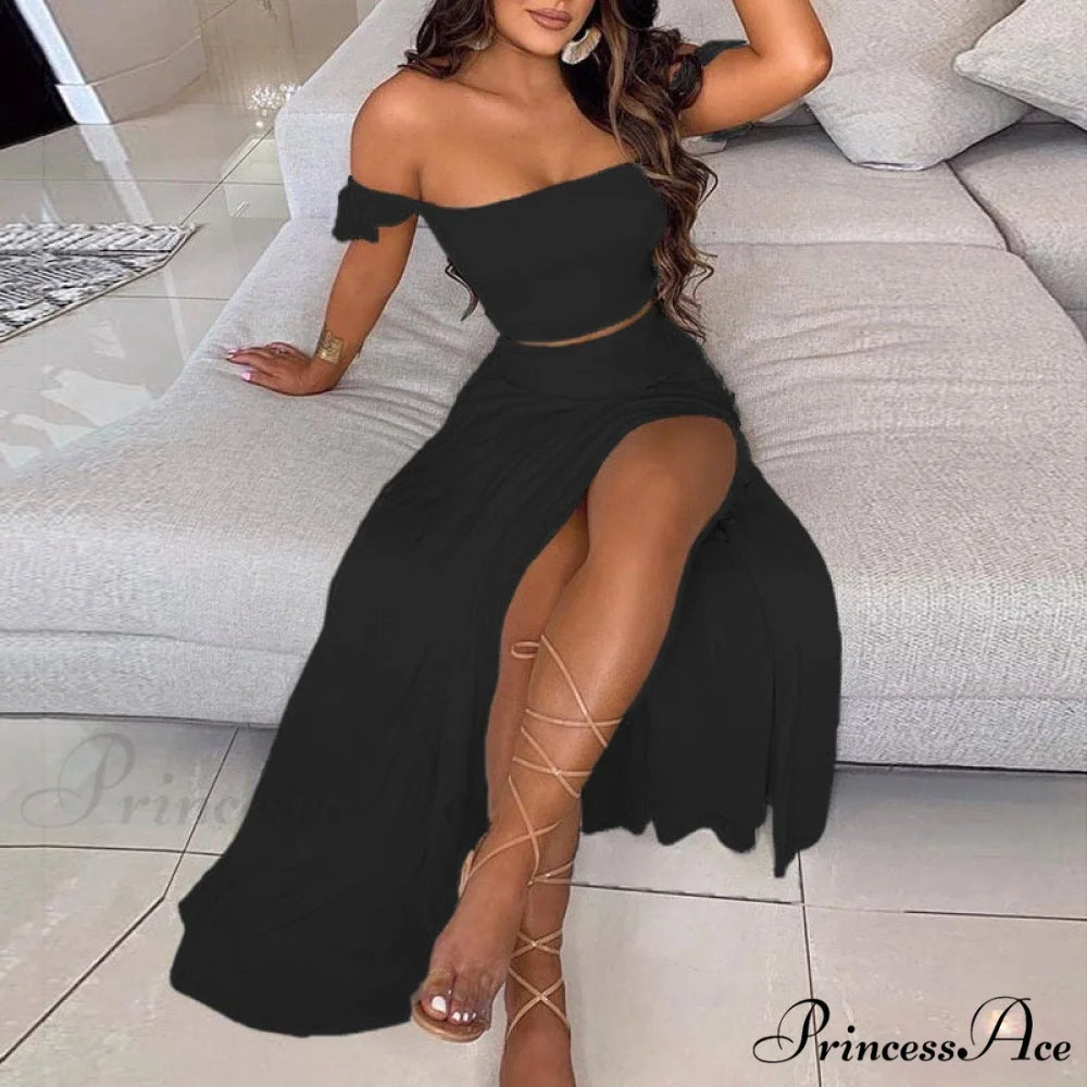 Women’s Slash and - Long Warm-Season Top Slit Piece Spring with Shoulder Neck Set Two Off Flowered Party Gown Design