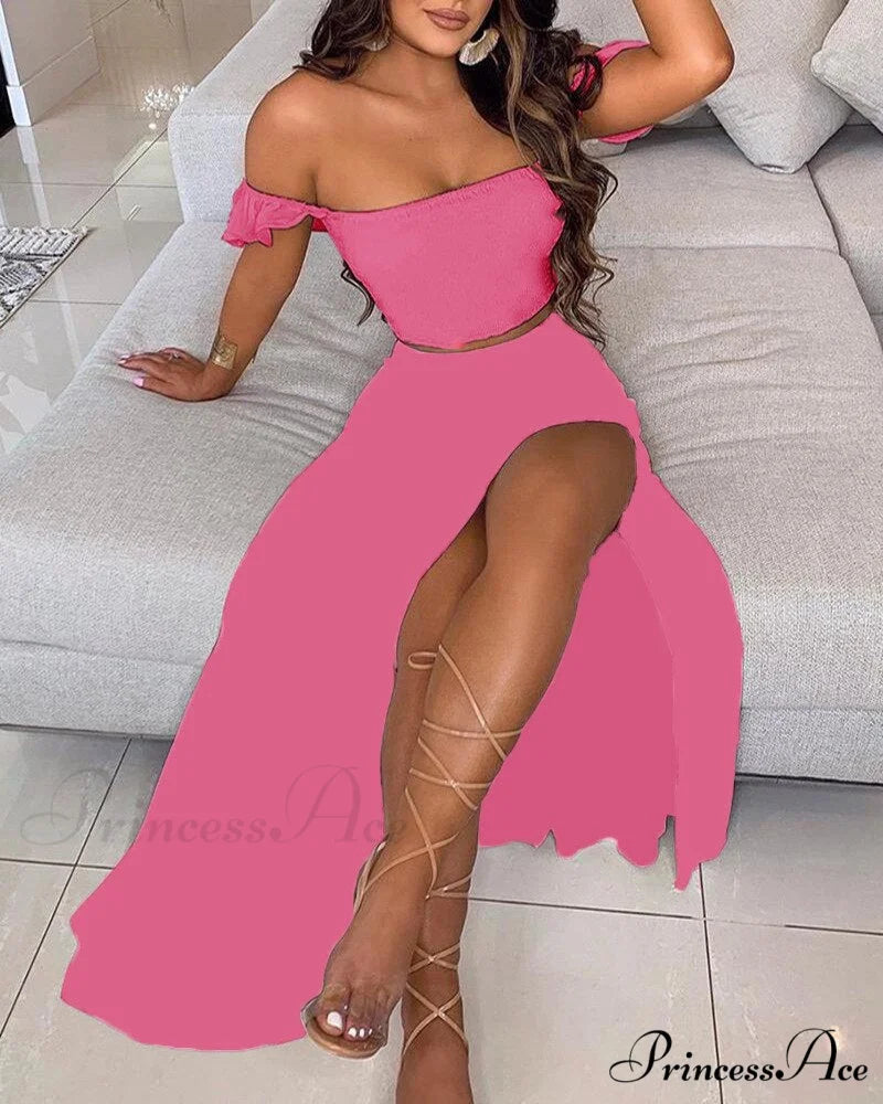 Women’s Slash and - Long Warm-Season Top Slit Piece Spring with Shoulder Neck Set Two Off Flowered Party Gown Design