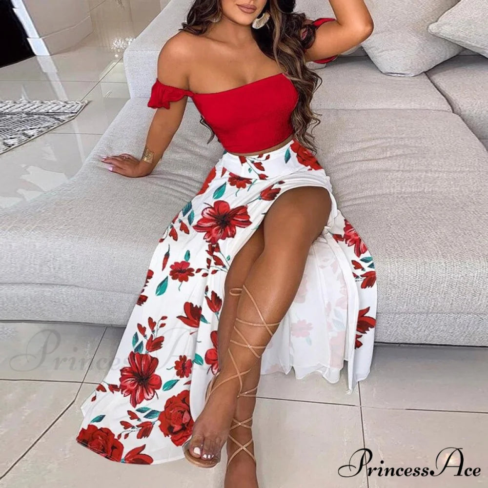 Women’s Slash and - Long Warm-Season Top Slit Piece Spring with Shoulder Neck Set Two Off Flowered Party Gown Design