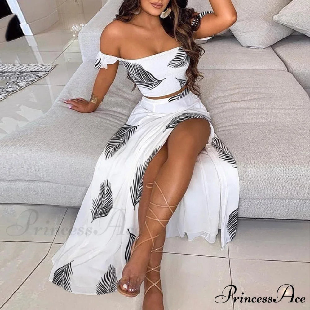Women’s Slash and - Long Warm-Season Top Slit Piece Spring with Shoulder Neck Set Two Off Flowered Party Gown Design