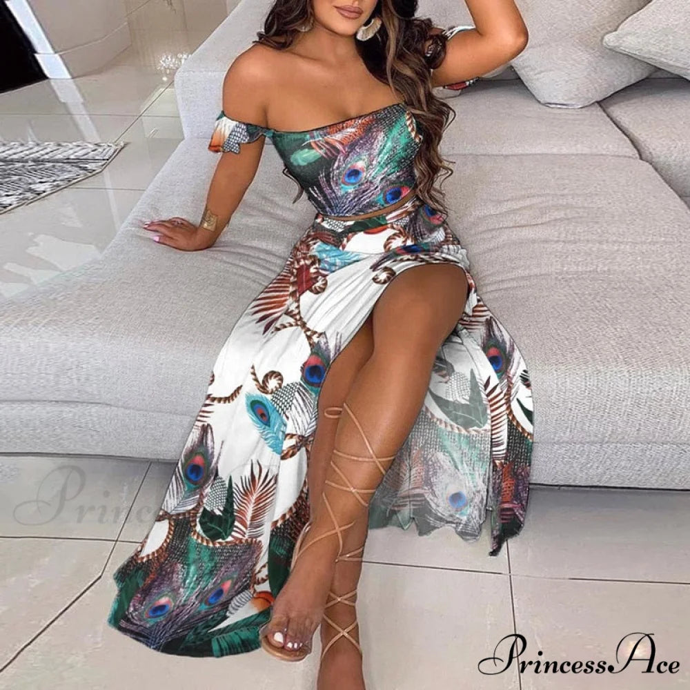 Women’s Slash and - Long Warm-Season Top Slit Piece Spring with Shoulder Neck Set Two Off Flowered Party Gown Design