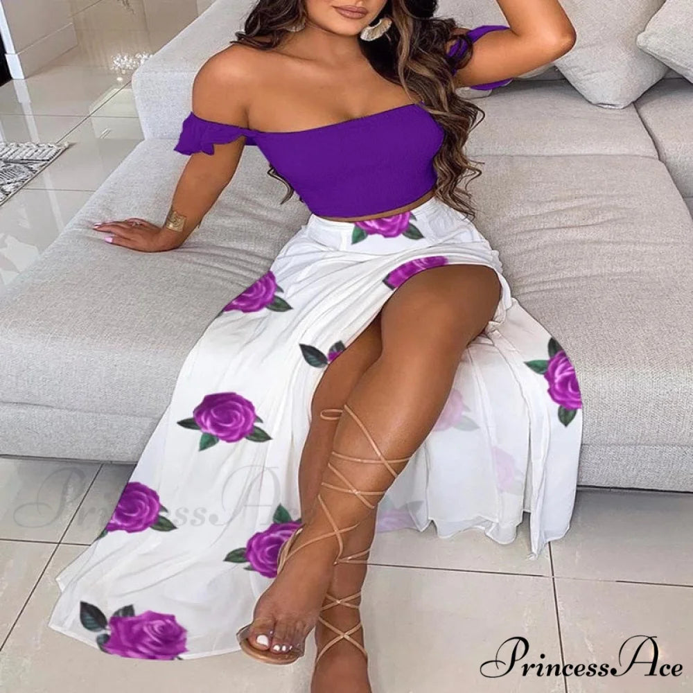 Women’s Slash and - Long Warm-Season Top Slit Piece Spring with Shoulder Neck Set Two Off Flowered Party Gown Design