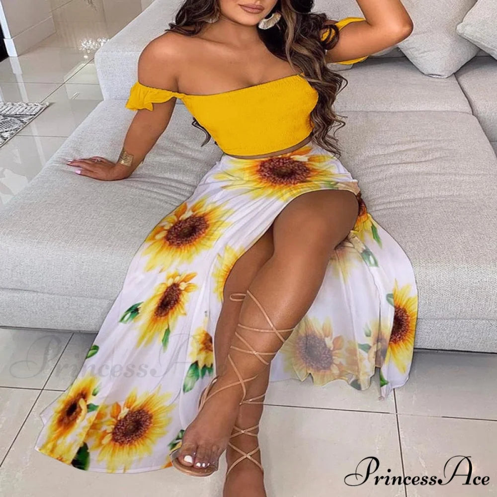 Women’s Slash and - Long Warm-Season Top Slit Piece Spring with Shoulder Neck Set Two Off Flowered Party Gown Design