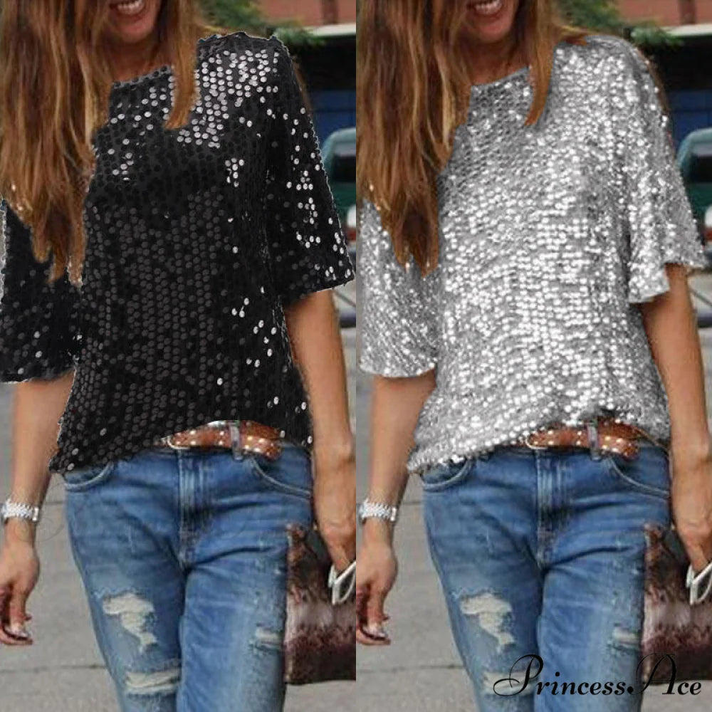 Women’s - Spring/Autumn Off-Shoulder - Long Sequin Arm T-Shirt Fit Shining Loose Top