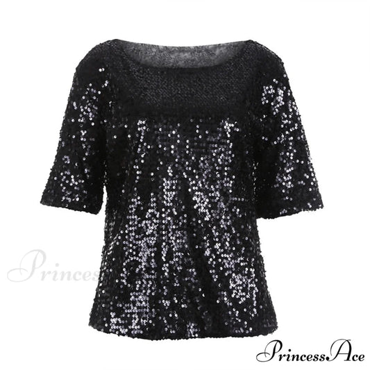 Women’s - Spring/Autumn Off-Shoulder - Long Sequin Arm T-Shirt Fit Shining Loose Top Black / S