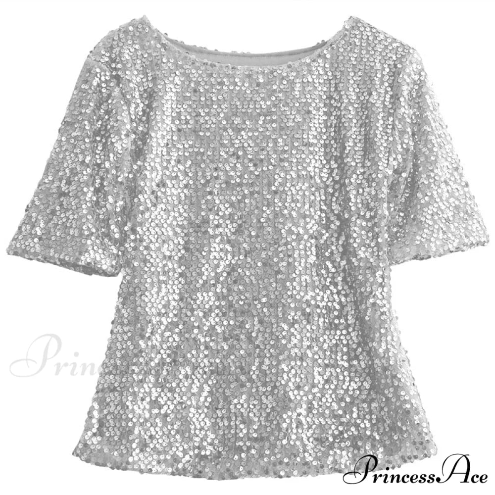Women’s - Spring/Autumn Off-Shoulder - Long Sequin Arm T-Shirt Fit Shining Loose Top Silver / S