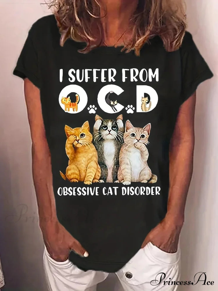 Women’s Spring & Summer Short Sleeve Crew Neck Cat & Letter Print T-shirt