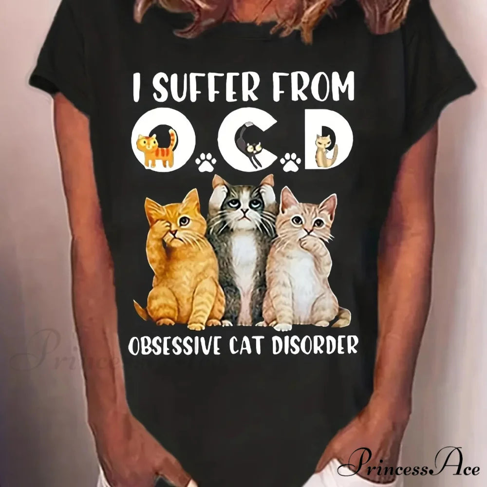 Women’s Spring & Summer Short Sleeve Crew Neck Cat & Letter Print T-shirt BLACK / S