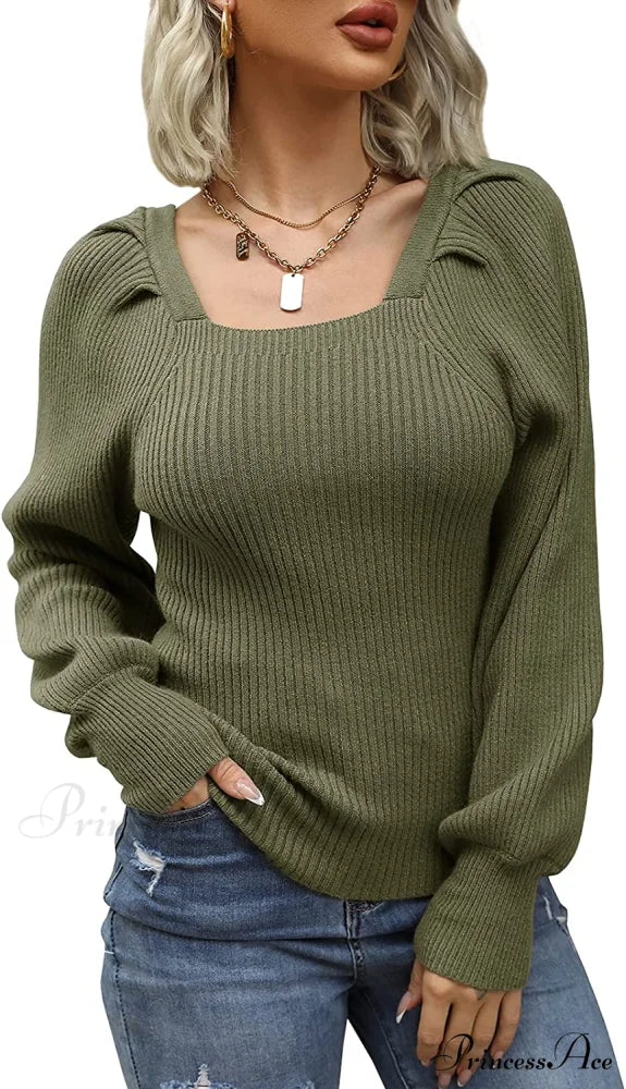 Women’s Square Neck Long Lantern Sleeve Sweater Army Green / Medium
