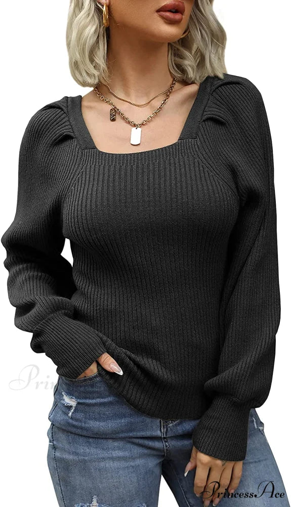 Women’s Square Neck Long Lantern Sleeve Sweater Black / Medium